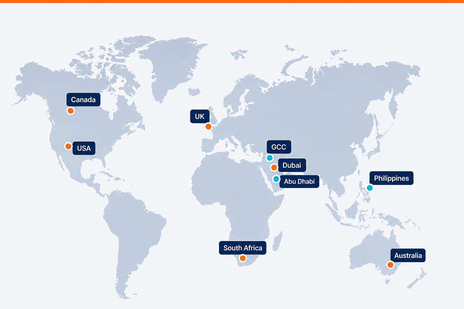Instant VA global coverage map showing UK, USA, Canada, Australia, GCC, Dubai, Abu Dhabi, South Africa and Philippines